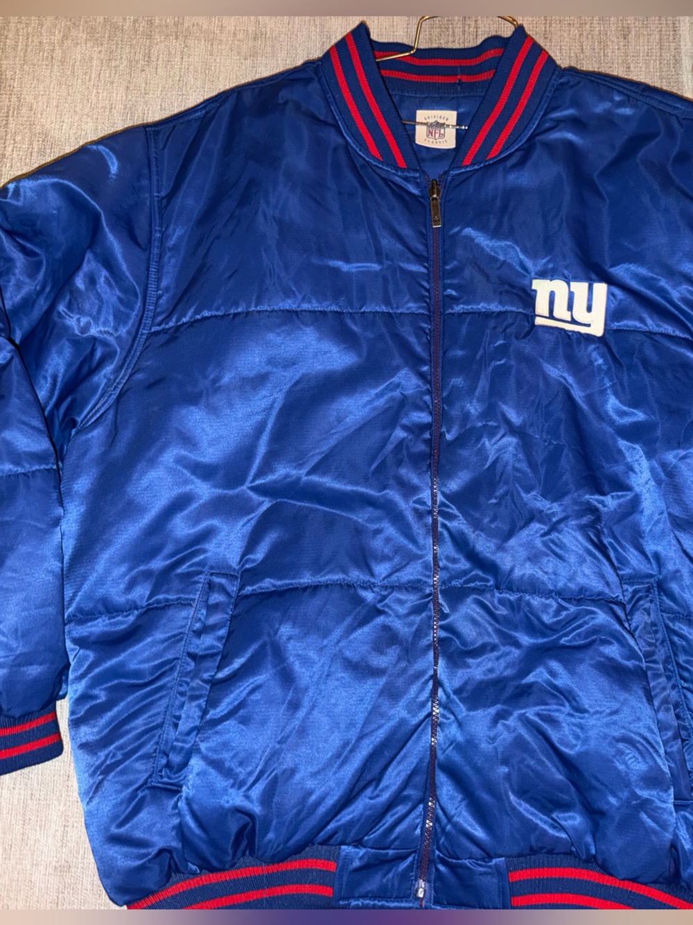 NFL Blue Satin Bomber Jacket with Red Trim